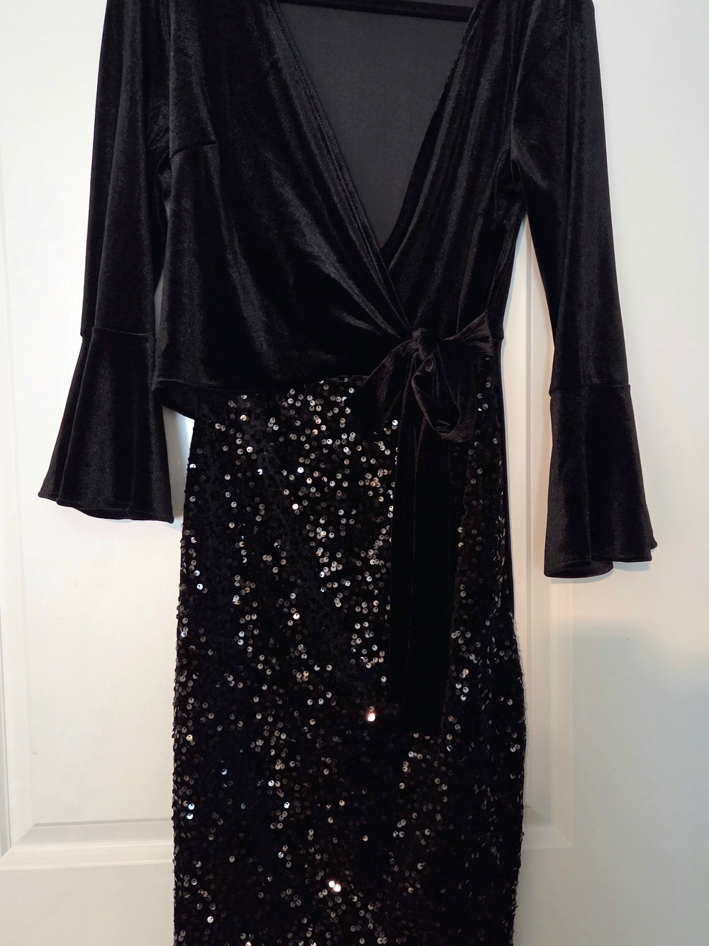 DressyStar Black Velvet Wrap Dress with Sequin Skirt Gown Formal